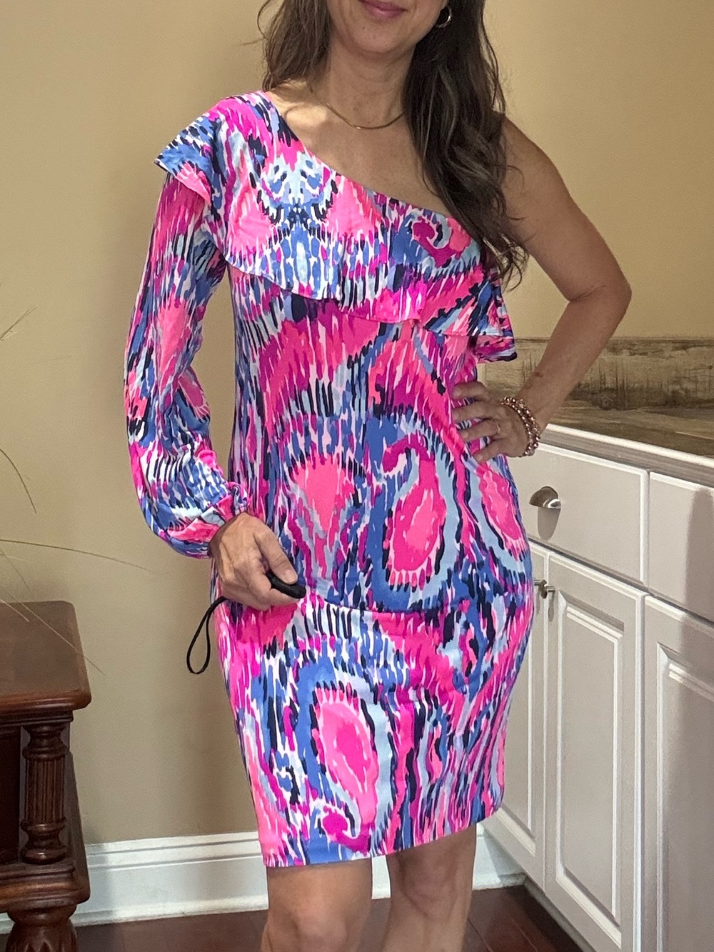 Lilly Pulitzer Pink & Blue One-Shoulder Ruffle Dress